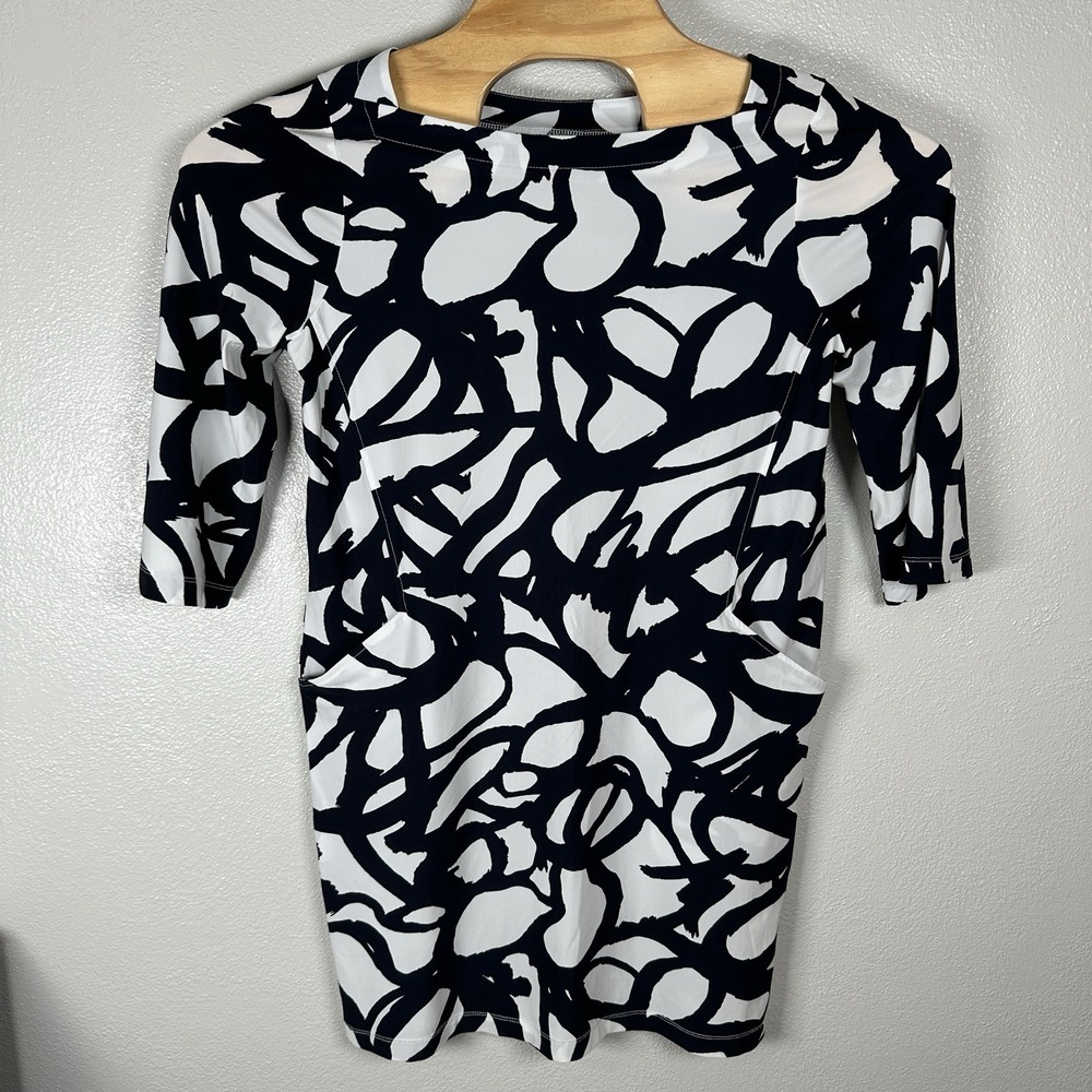 Porto San Francisco‎ Tunic Dress 1/Small Blue White Abstract 3/4 Sleeve Pockets